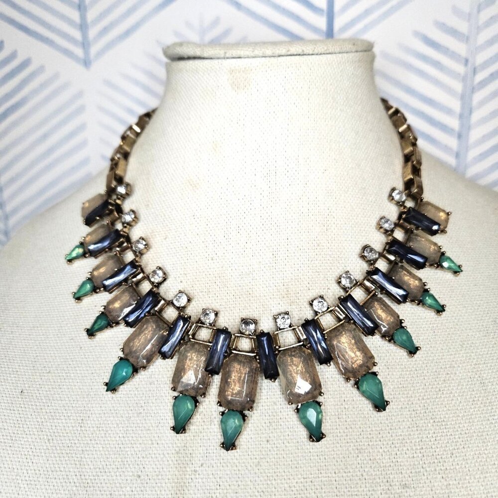 Baublebar Gold Tone Book Chain Blue Beaded Rhinestone 20" Statement Necklace